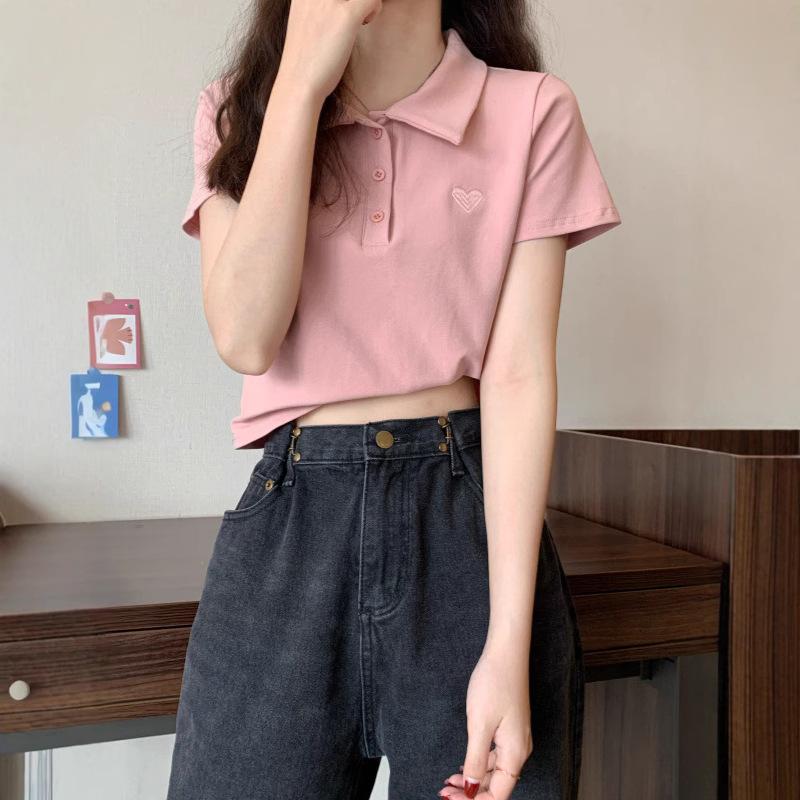 Embroidery Polo collar front shoulder short-sleeved T-shirt women's summer new slim-fit sweet wind short t-shirt short top ins