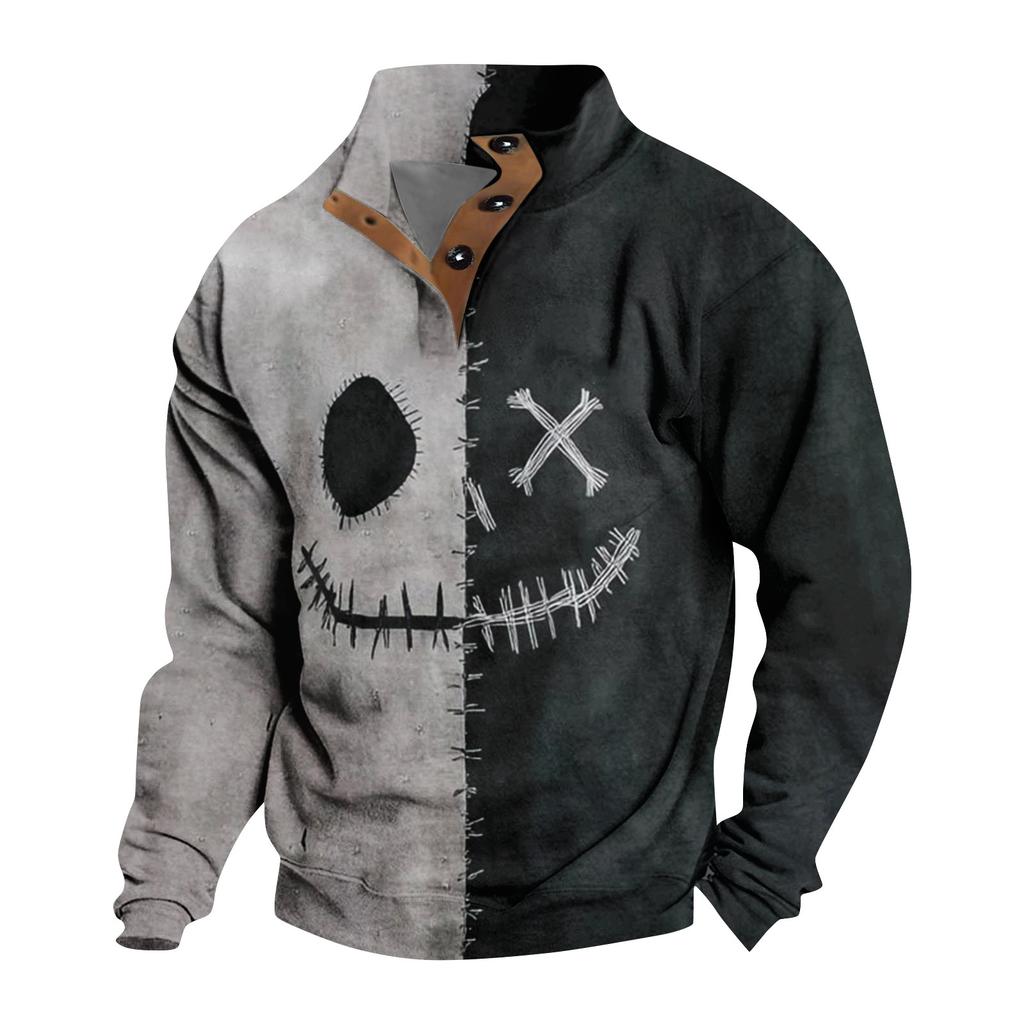 Men's Casual Fashion Christmas Printed Hoodless Sweatshirt Wide Men's Loose Button Stand Collar Hooded Sweatshirt