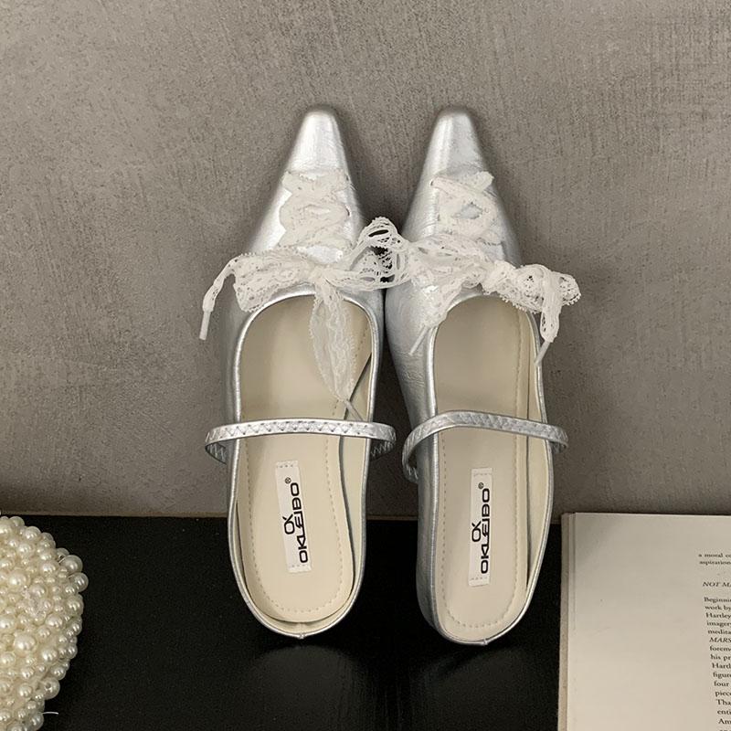 Fashion Fashion Lace Up Women Flats Mary Janes Shoes Female Slides Pointed Toe Footwear Shallow Dress Ladies Flats With Shoes Mules