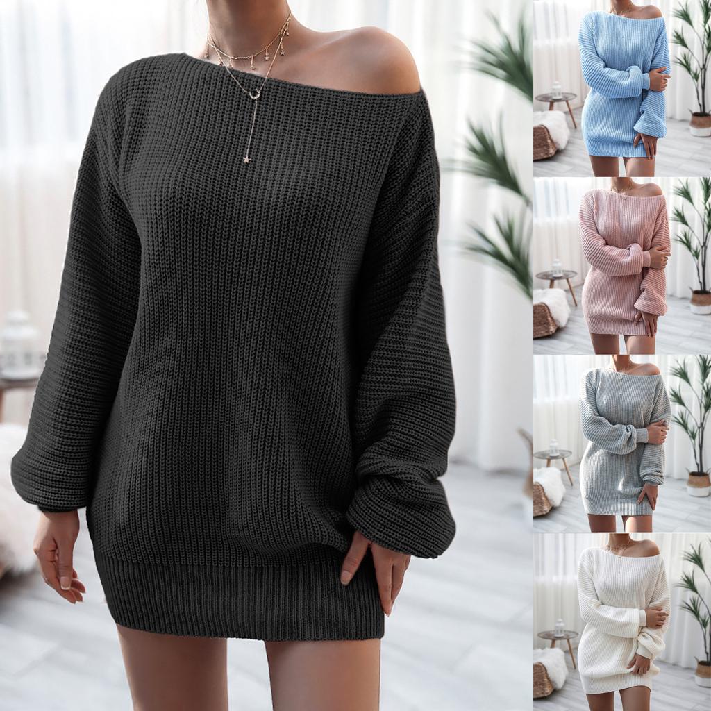 Women Fashion Casual Solid Color Solid Color Loose Slanted Shoulder Stitching Long-sleeved Knitted Dress