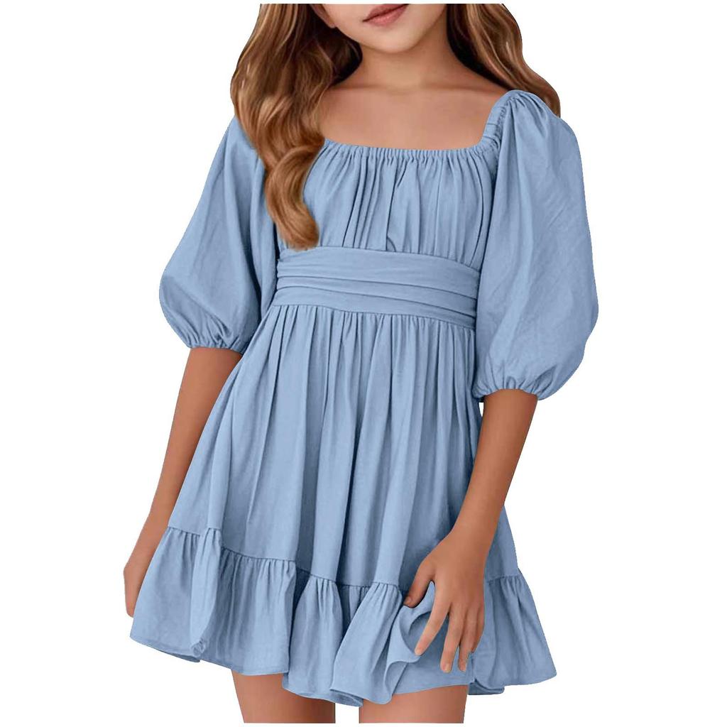 Summer Children's Ruffled Square Collar Lace-up Fashion Dress For Girls