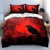 Black Raven On Branch Red Backdrop Pattern Duvet Cover Set Digital Print Colorful Polyester Bedding with Zipper Closur for Gifts