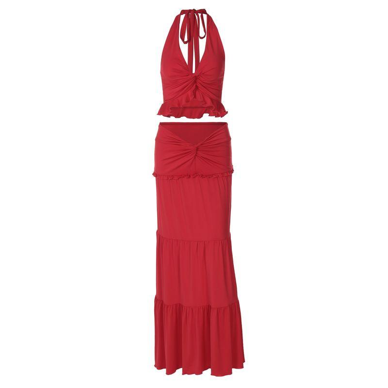 Fashion Style Sexy Sexy Fashion Suit Women's V Neck Halter Spaghetti Straps Vest High Waist Stitching Long Skirt Two-piece Set