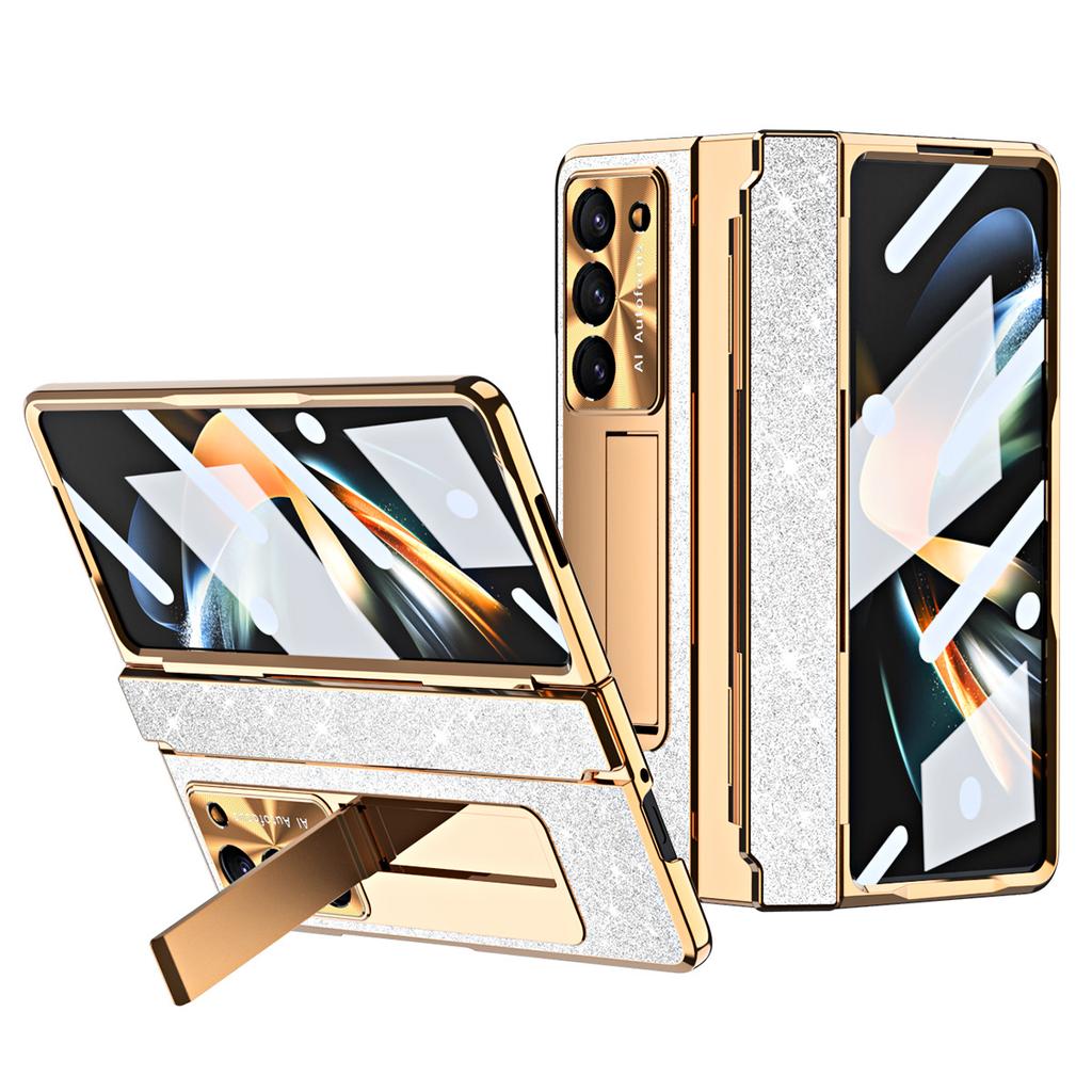 Luxury 5 PC Fold Cover for Samsung for Galaxy Z Fold 5 Full Glass Material Electroplated Film Phone Stand Included Phone Case