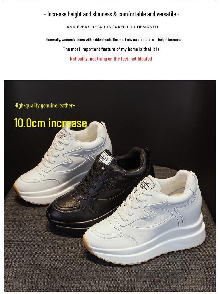 Women's 2025 Spring Height-Increasing White Sneakers - 10CM Thick Sole, Genuine Leather, Casual Sports Shoes