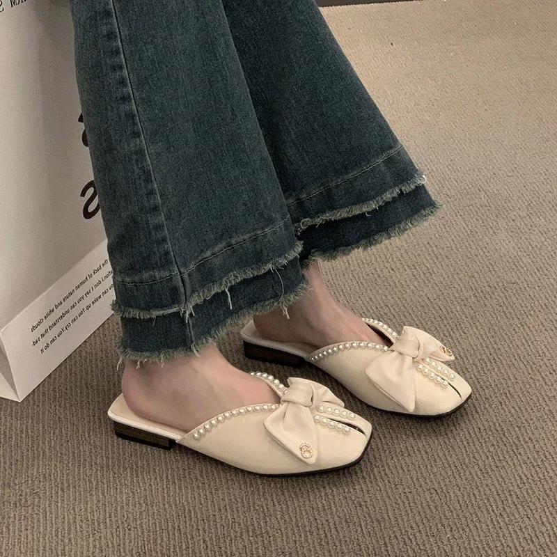 Fashion 2025Women's Fashion Slippers Bow Pearl Digital Metal Decoration Heel Wrap Shoes Leisure Sweet Flat Sole Zapatillas De Mujer