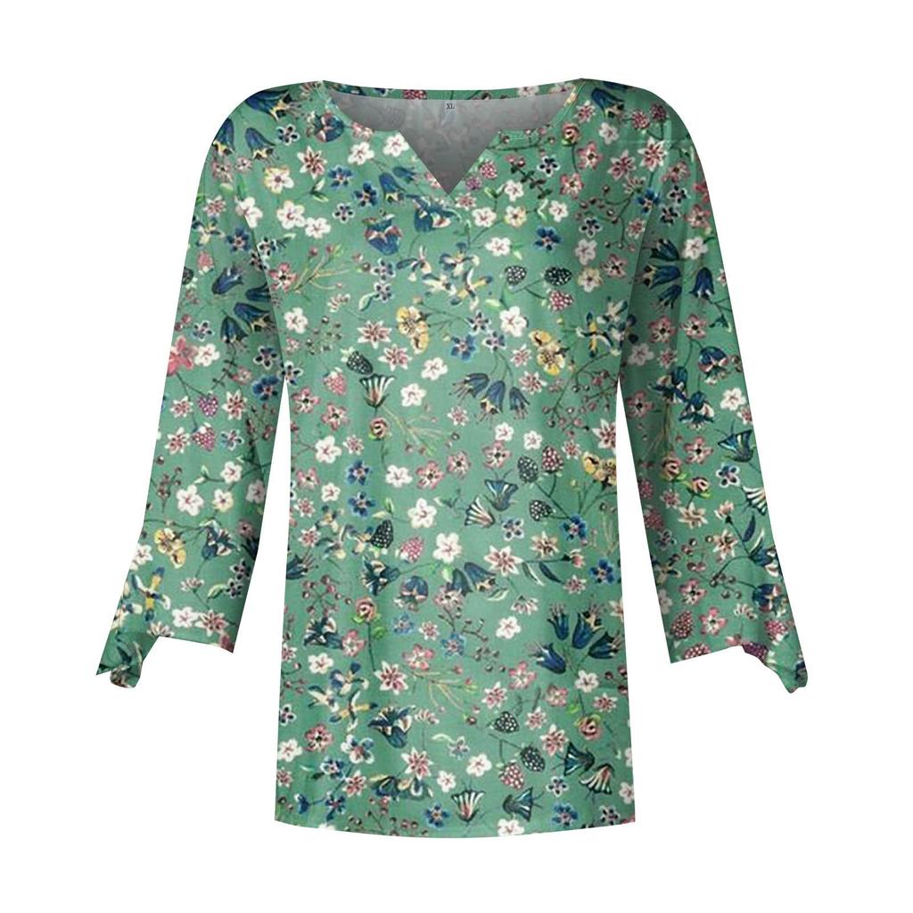 Summer V-neck  Shirt For Women Floral Print Tunic Summer Tops Dressy Casual Bell 3/4 Sleeve V Neck Spring Blouses