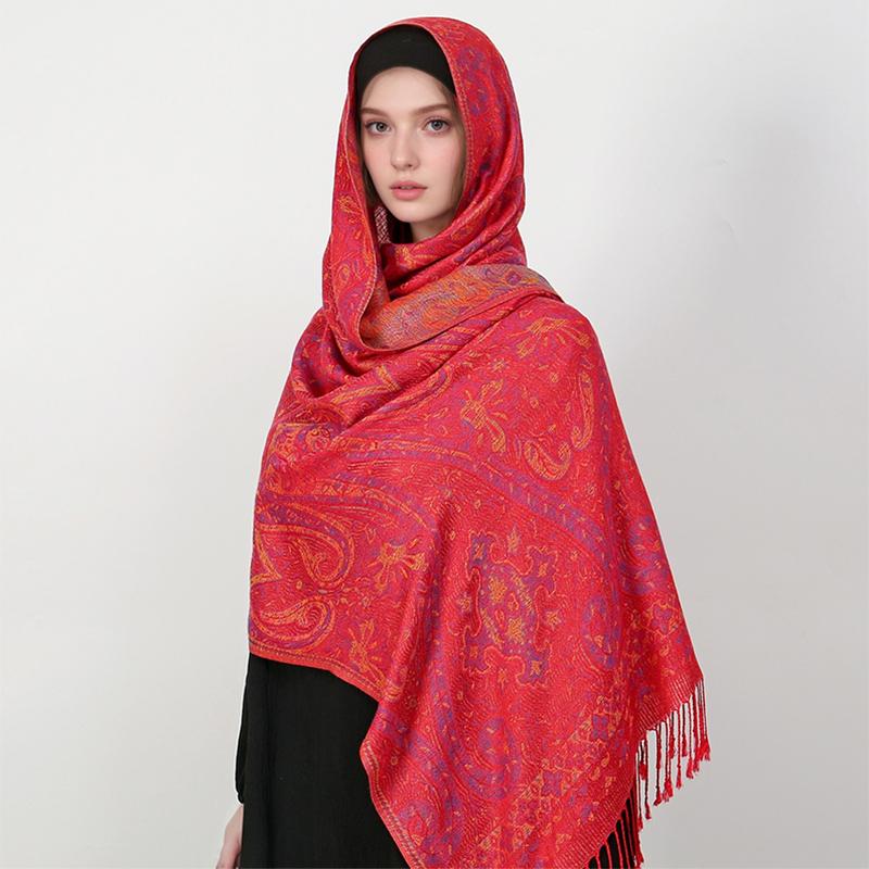 Muslim Women Hijab Scarf Jacquard Shawl Tassels Thick Windproof Ethnic Style Arabia Female Wrap Designer Luxury Headband