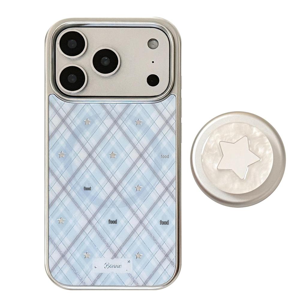 Korean Style Gold-Plated Peach Star Plaid Magnetic Phone Case for iPhone 16/17 Pro Max/15/14P