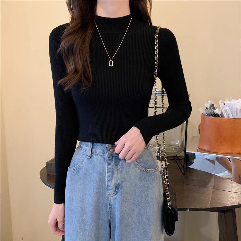 Pulover de damă cu mâneci lungi, slim fit, pe jumătate cu gât, top versatil din tricot în stil coreean pentru primăvară, toamnă și iarnă.