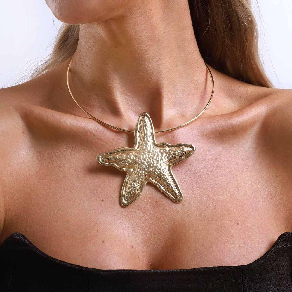 Bohemian Starfish Pendant Metal Choker Charm Exaggerated Geometric Circular Collar Punk Style Personalized Flower Necklace