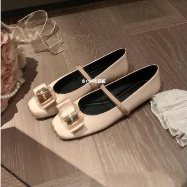 

Spot second hair! Fashion versatile new diamond buckle silk satin Mary Jane ballet flats dinner single shoes women 40