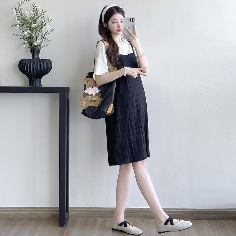 Summer Design Spliced Two-Piece T-Shirt Dress – Korean Style Loose Slimming Maternity Wear M