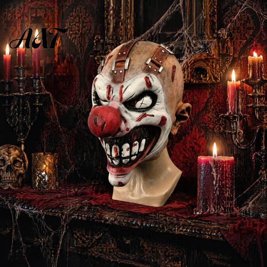 Horror Robber Cosplay Props Halloween Clown Mask, Realistic Latex Scary Mask with Blood Stained Scarred Red Nose for Haunted House Parties Costume