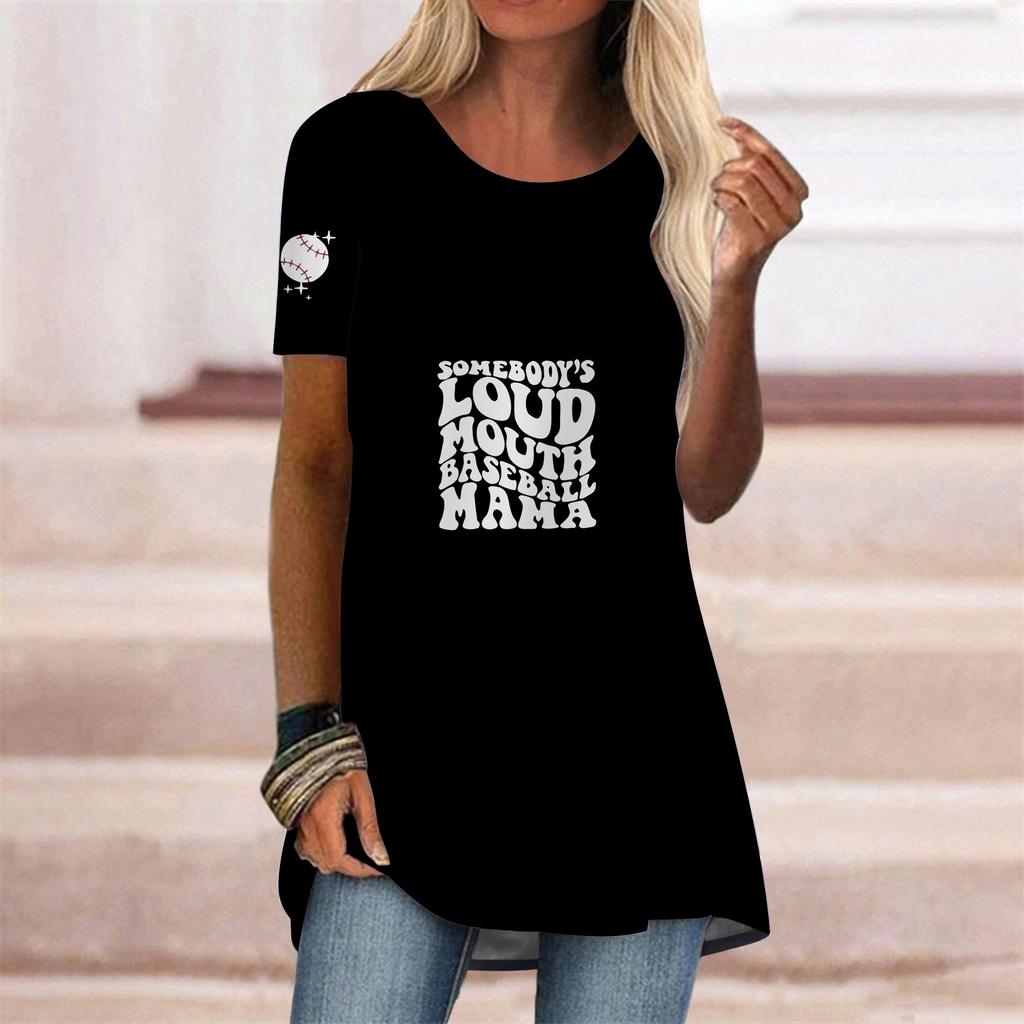 Plus Size Women Summer Square Letters Printed Comfy Short Sleeve Round Collar T-shirt Casual Baggy Mid Length Tee Tops