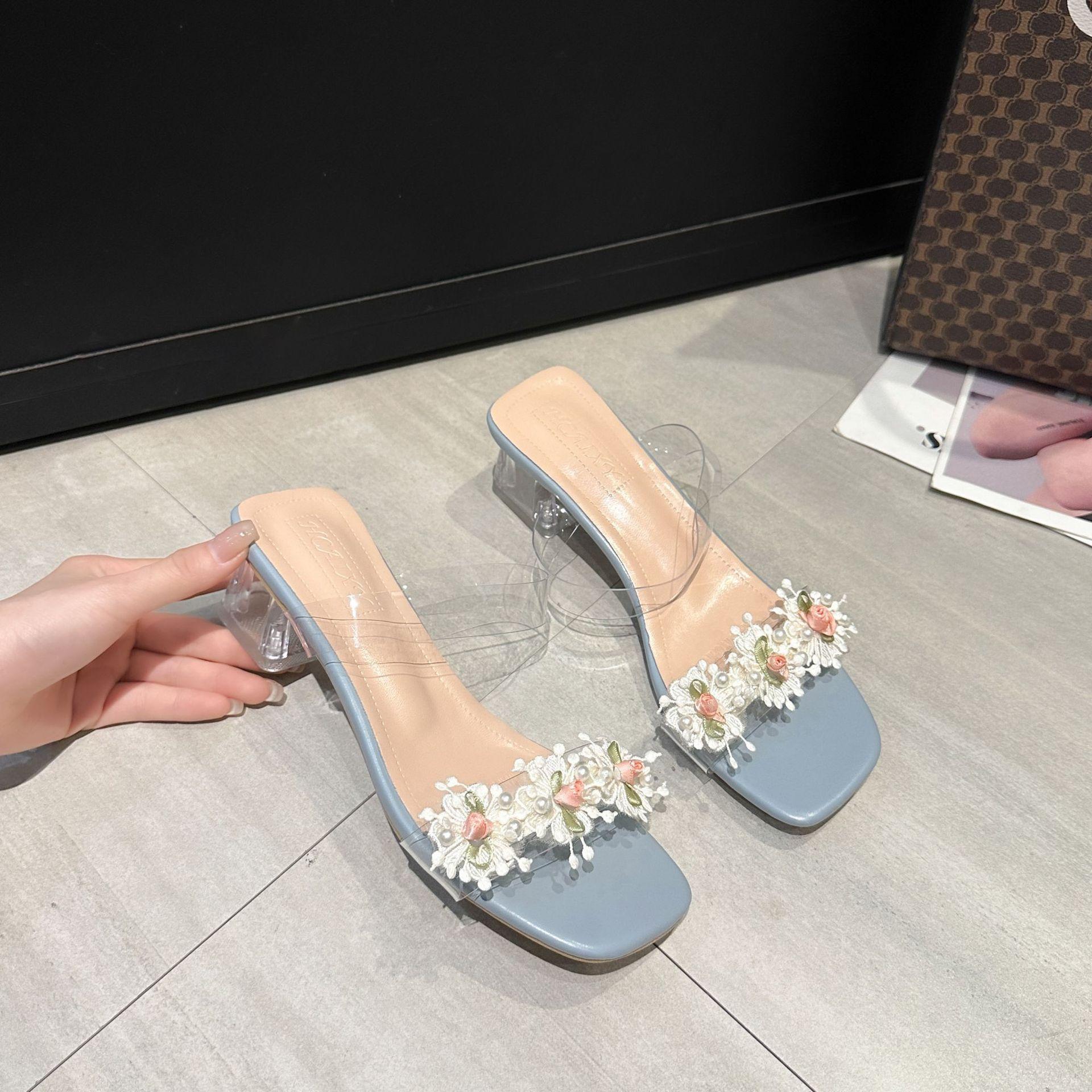 

2025 summer new flower thick-heeled slippers women s outer wear double strips transparent open-toed high heels women s shoes 35 синий