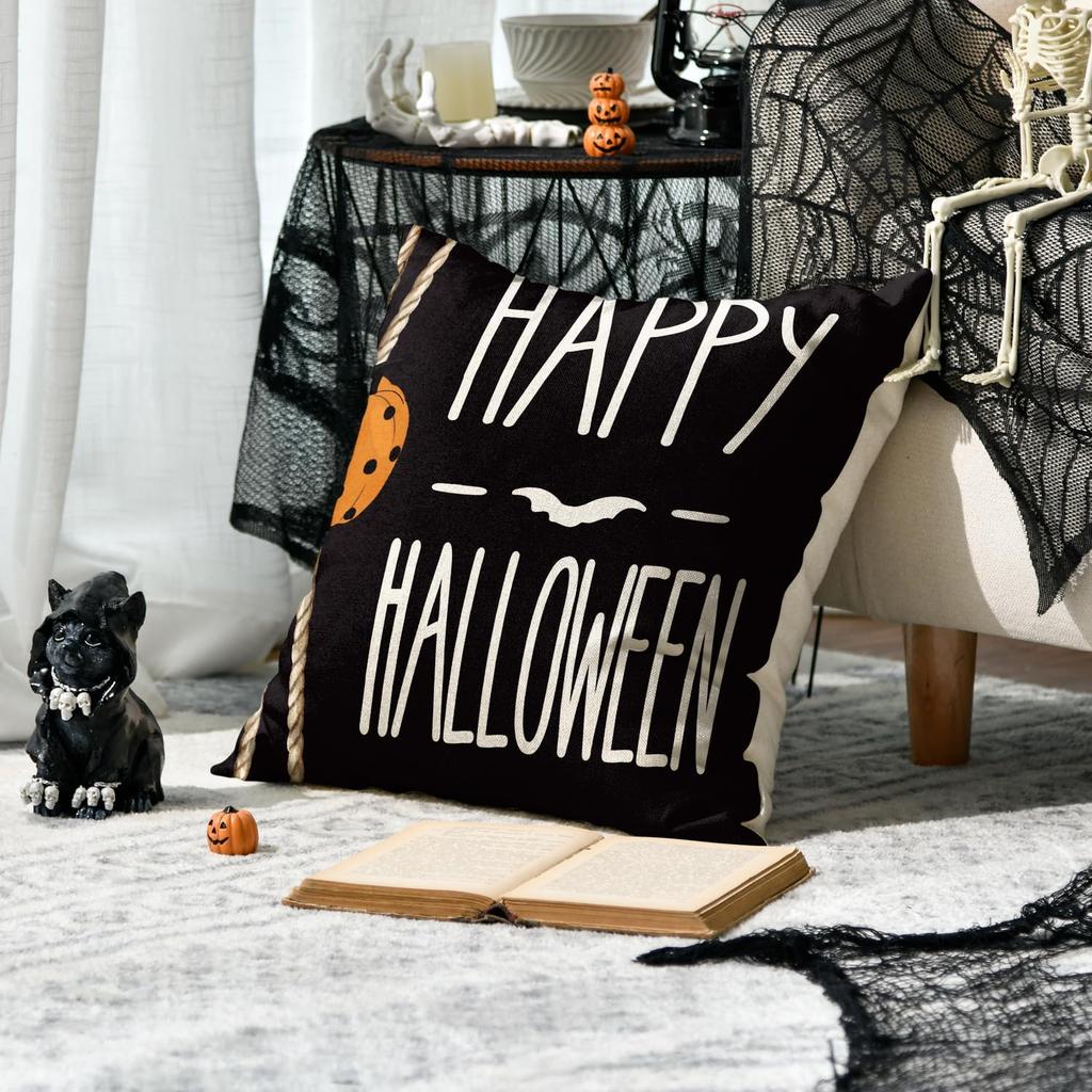 AVOIN colorlife Happy Halloween Boo Black Cat Trick or Treat Throw Pillow Covers, 18 x 18 Inch Spooky Pumpkin Bat Cushion Case for Sofa Couch Set of