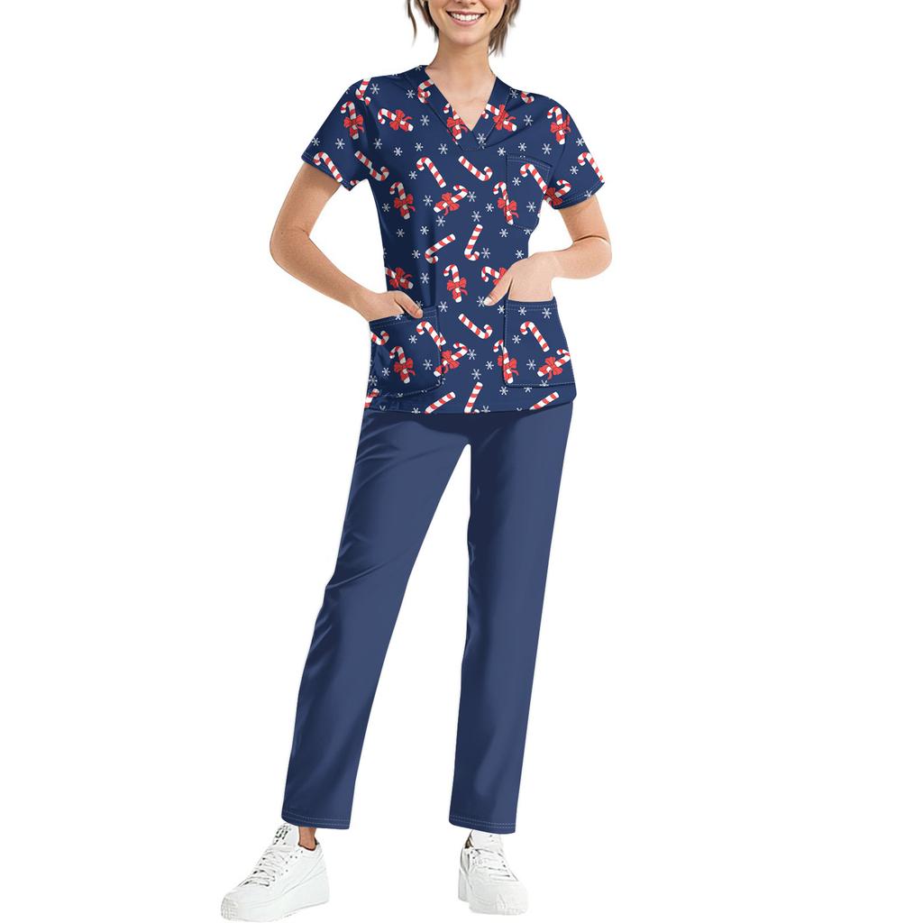Women's Uniform Set with Short Sleeve Christmas Print Top and Pants, Two Piece Caregiver with Pockets