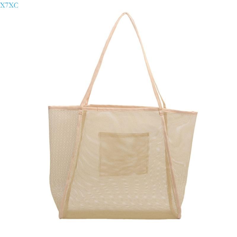 

X7XC Women Mesh Beach Bag Large Capacity Shoulders Bag Sand Toy Bag Top Handle Handbags Fashion Vacation Bag Beach Toy Bag хаки