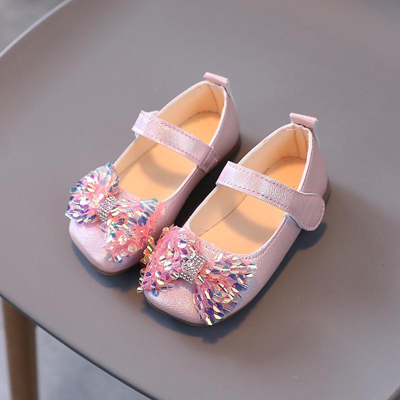 Baby Leather Flats Sequins Bowtie Princess Girls Lightweight Dress Shoes Square Party Wedding Dance School Mocassins Infantis
