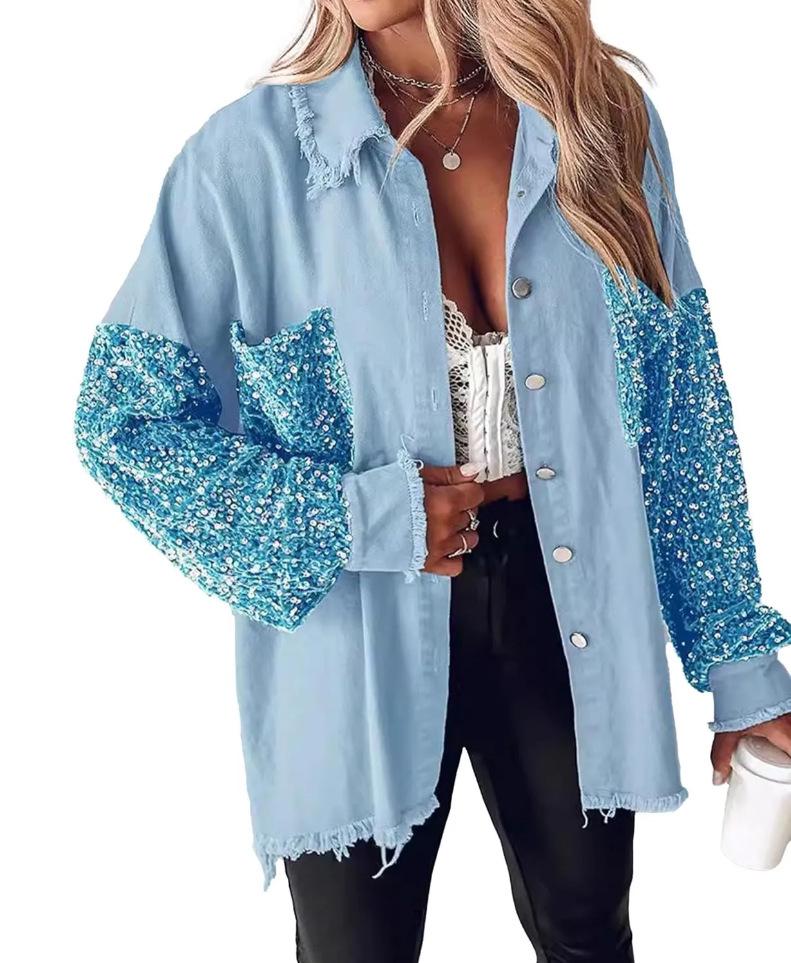 

2025 Korean-European Style Sequin Patchwork Denim Pullover for Women XXL синий