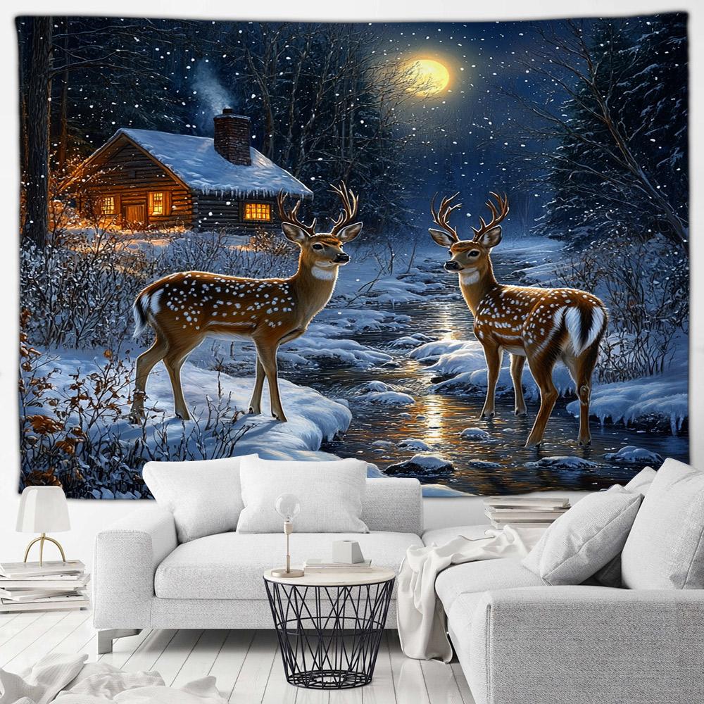 Winter Forest Elk Tapestry Farmhouse Stream Snowy Animal Nature Landscape New Year Christmas Home Living Room Decor Wall Hanging