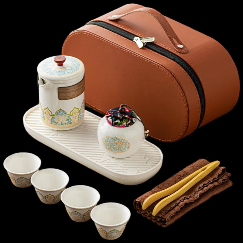 

Portable Ceramic Travel Tea Set with Oval Carry Bag