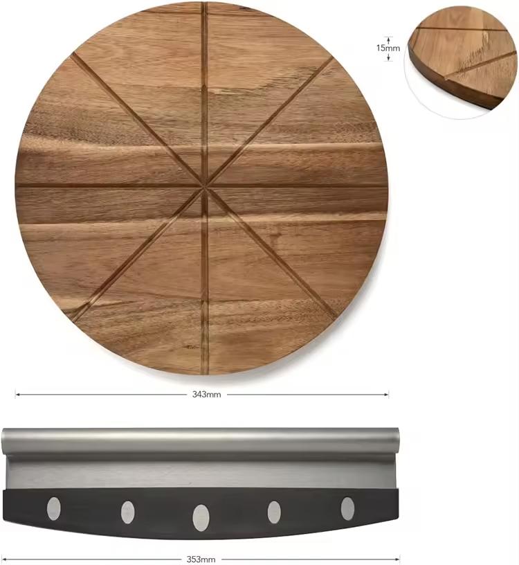 Pies Cake Cheese Round Serving 13.5" Acacia Wooden Board Stainless Steel Slicer Grill Pizza Knife Slicer Cutter Gift Set