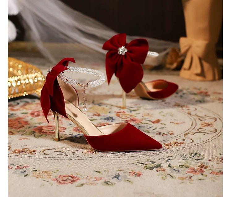 Fashion Elegant Women Heel Shoes High Heels Pumps Sexy Stilettos Wedding Shoes Bride Heels Red White Bowknot Footwear
