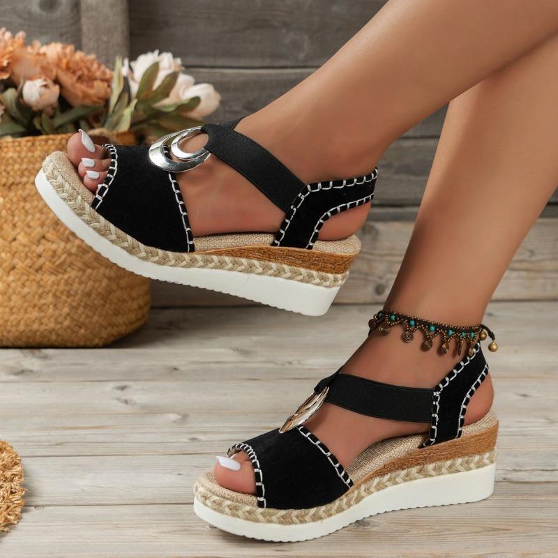 Summer new flat-bottomed thick-soled muffin women's sandals large-size hemp rope wedge heel wear fish mouth sandals