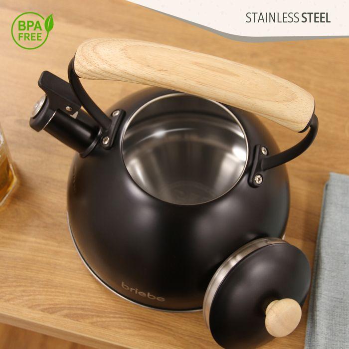 Bouilloire À Induction Théière Sifflet 2,3L Acier Inox, Poignée En Bois Briebe Wooden Noir 00386