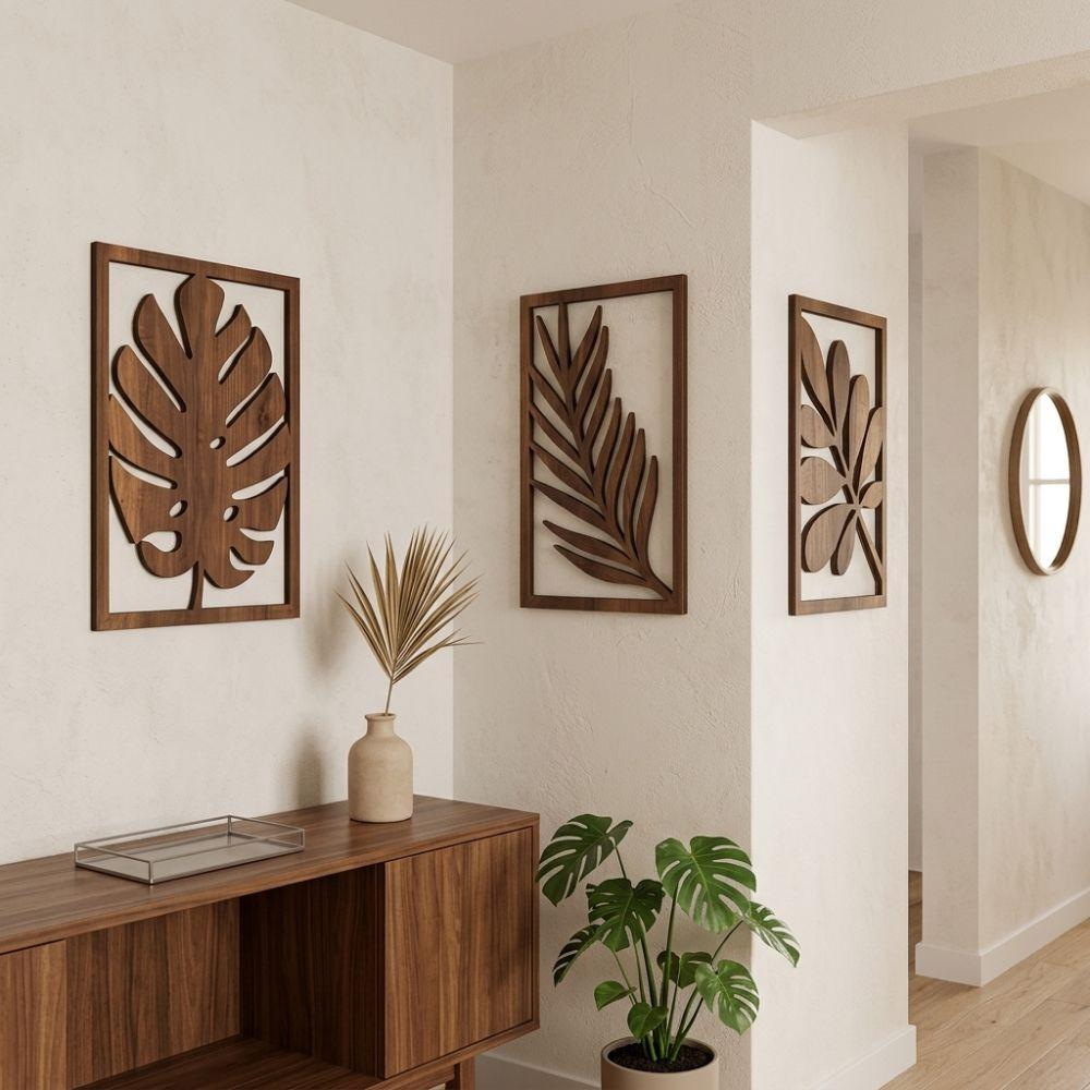 3Pcs Farmhouse Wooden Tropical Leaves Wall Sign Rustic Plant Wall Ornament Entryway