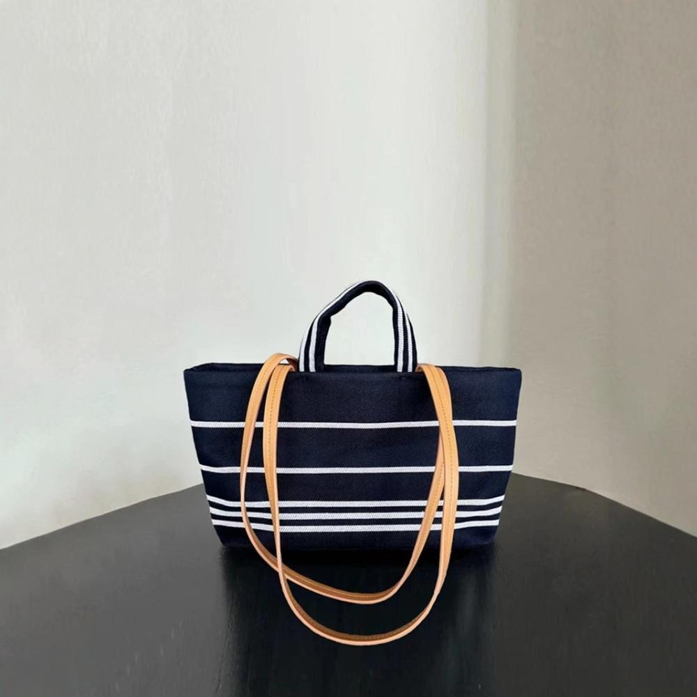 Medieval striped casual tote bag commuter bag versatile canvas bag contrasting color PU simple large-capacity denim bag tide