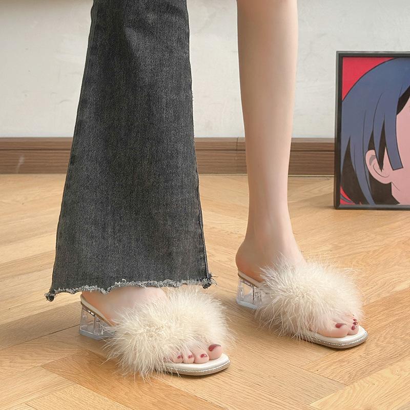 High Heels Women's 2025 Summer New French Fluffy Slippers Transparent Crystal Shoes Thick Heel Square Head Word with Sandals