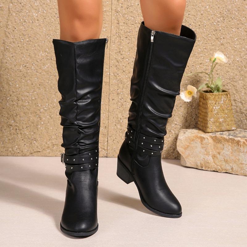 Fashion Women's Fashion Chunky Single Boots Winter Season New Pointed Head Side Zipper Rivets Non-slip High Boots
