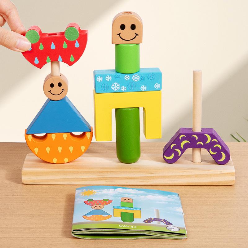 Montessori Shape Recognition Stacking Blocks - Educational Day & Night Wooden Toy for Kids