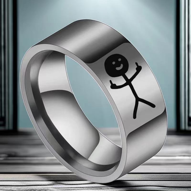 Titanium Steel Hip Hop Doodle Rings for Man Simple Trend Funny Middle Finger Stickman Couple Party New Gift Jewelry