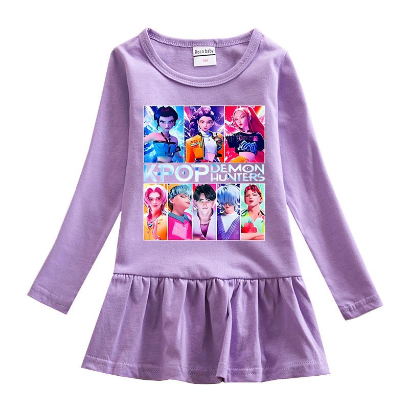 Girls Cartoon Kpop Rumi Zoey Mira Hunters Print Pleat Mesh Dress