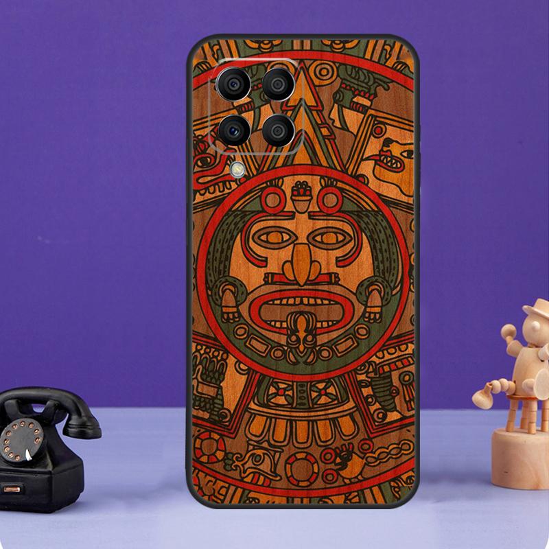 Etui z wzorem kalendarza Majów z drewna do Samsung Galaxy M12 M32 M52 M55 M13 M33 M53 M14 M34 M54 M20 M30s M31s M51 M31 M21