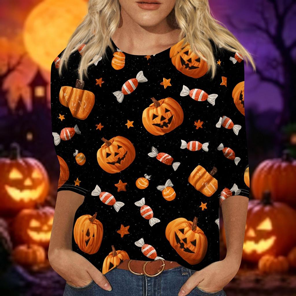 Women Casual Halloween Print Three Quarter Sleeve Round Neck Top Lightweight Comfortable Fit Fashionable Shirt for Everyday Wear
