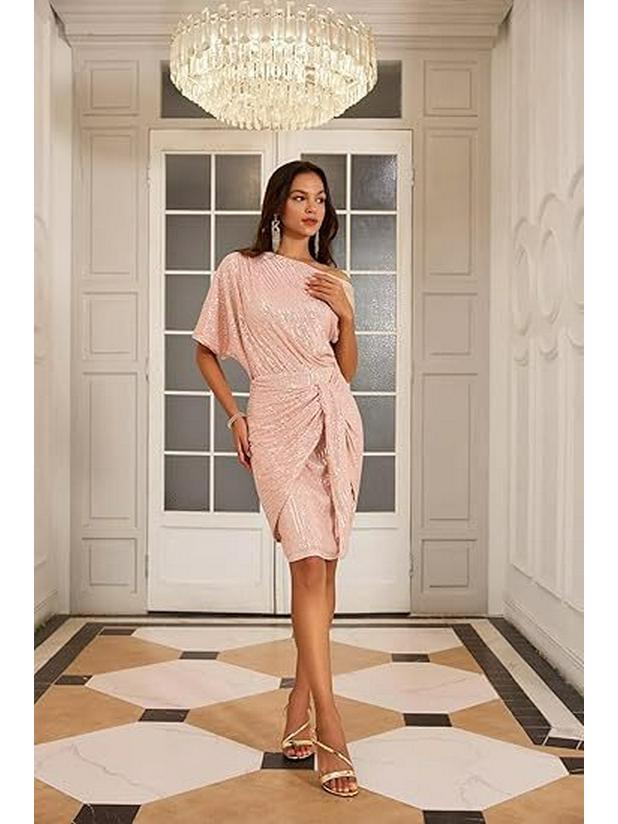 Shiny Sequin Trim One-Shoulder Beaded Mesh Formal Dress for Women
