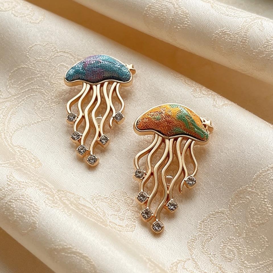 Jellyfish Brooch - Women's Marine Animal Diamond-studded Pin - New Chinese-style Hanfu Decorative Corsage