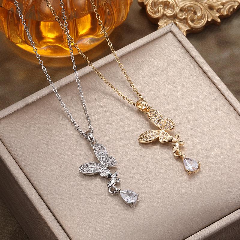 Korean Water Drop Butterfly Zirconia Tassel Necklace for Women - Titanium Steel Clavicle Chain Jewelry