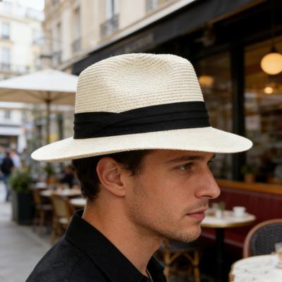 Panama Hat Women Men Wide Brim Straw Beach Hat Ribbon Decor Breathable Elastic