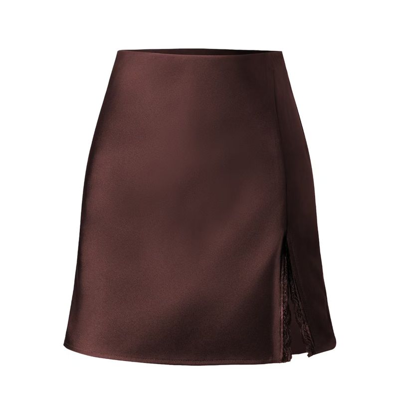

European and American New High Waist Sexy Lace Stitching Split Sheath Skirt Satin Lace Slit Skirt Chocolate color L
