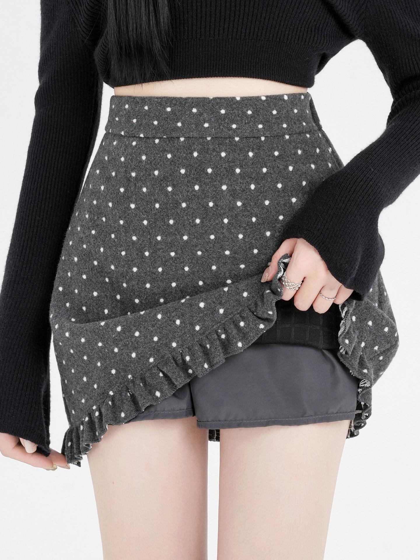 Women s Slim Fit Wool Polka Dot Ruffle Mini Skirt - High Waist, Casual Autumn/Winter A-line 4XL серый