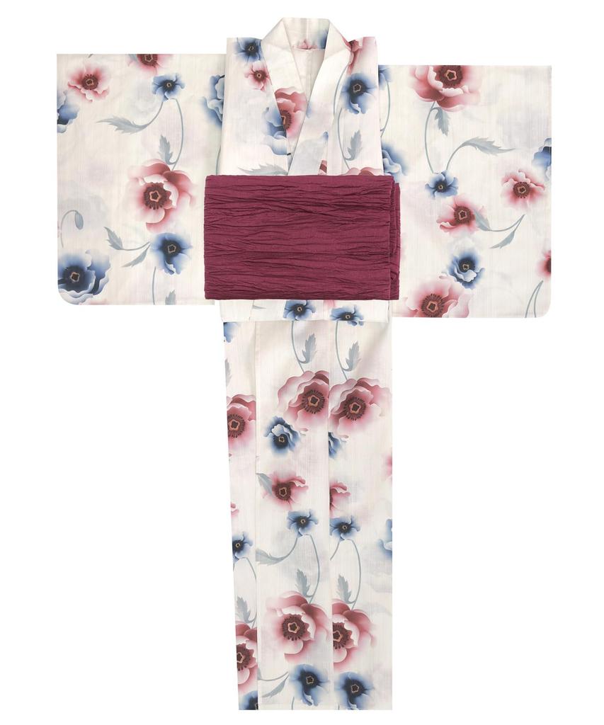 Yukata change set Heiko H one size fits [KYOETSU] set, weave, unbleached, 2-piece (yukata, obi), women's (1.Snow white, all)