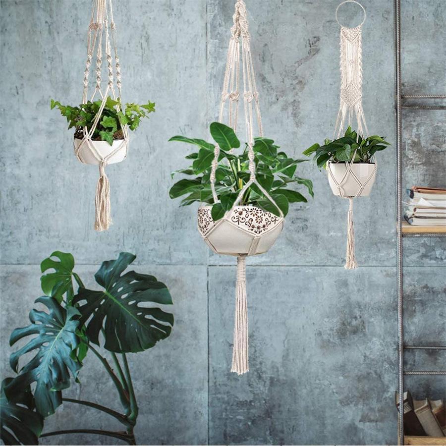 Coș suspendat din frânghie de bumbac țesut manual pentru decorarea balconului