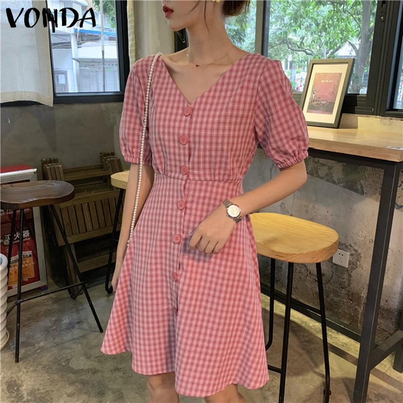 

VONDA Летнее женское короткое платье в клетку с пышными рукавами и V-образным вырезом