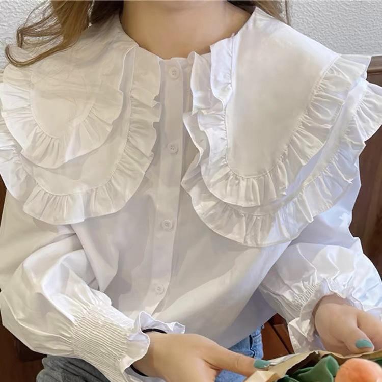 Vintage doll-collar shirt, ruffled shirt, women's new spring and autumn loose long-sleeve shirt, versatile top